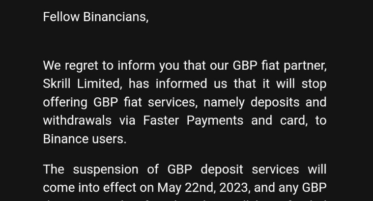 Binance suspende depósitos e saques em libras esterlinas (GBP)